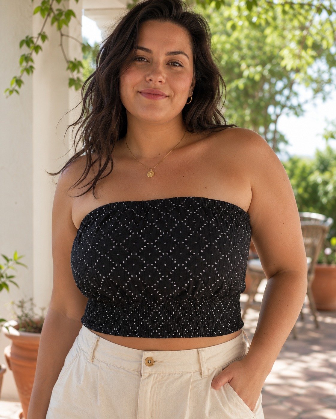 ST-Top Strapless Universal Thread Beige/Azul en Gasa Arrugada - Imagen 2
