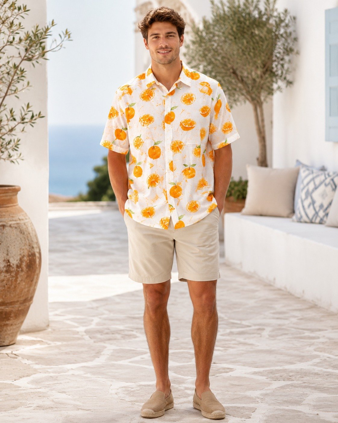 St Guayabera Cotton Co Wht Orange Prt - Imagen 2