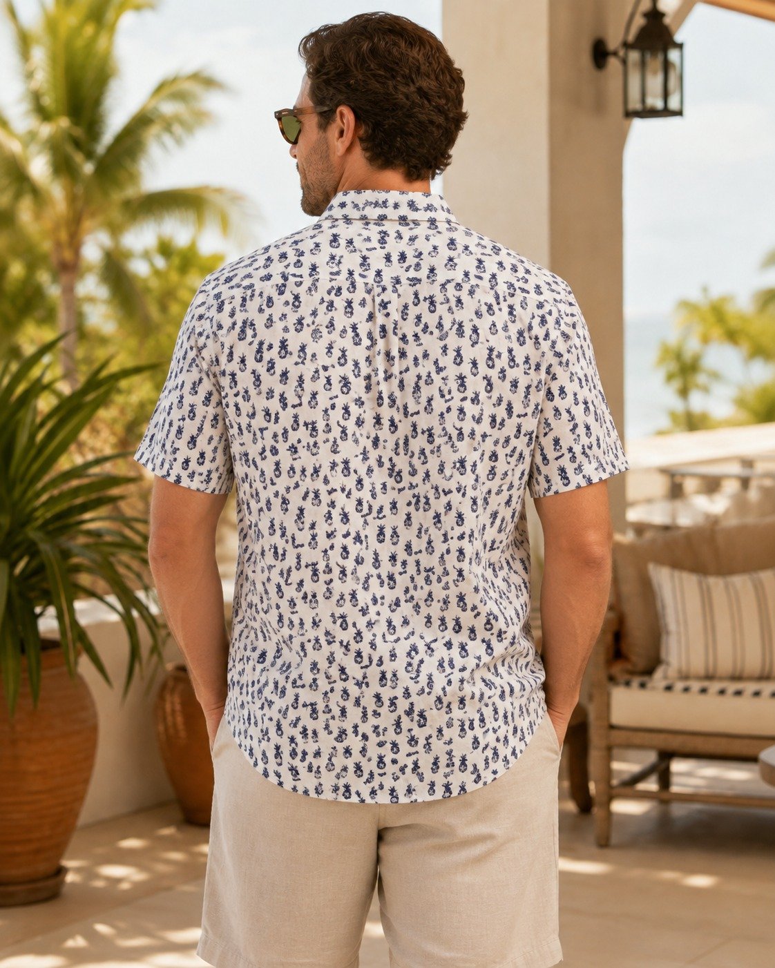 ST- Guayabera Cotton&Co Blanca Multi Pinapple Azul Marinpo - Imagen 3