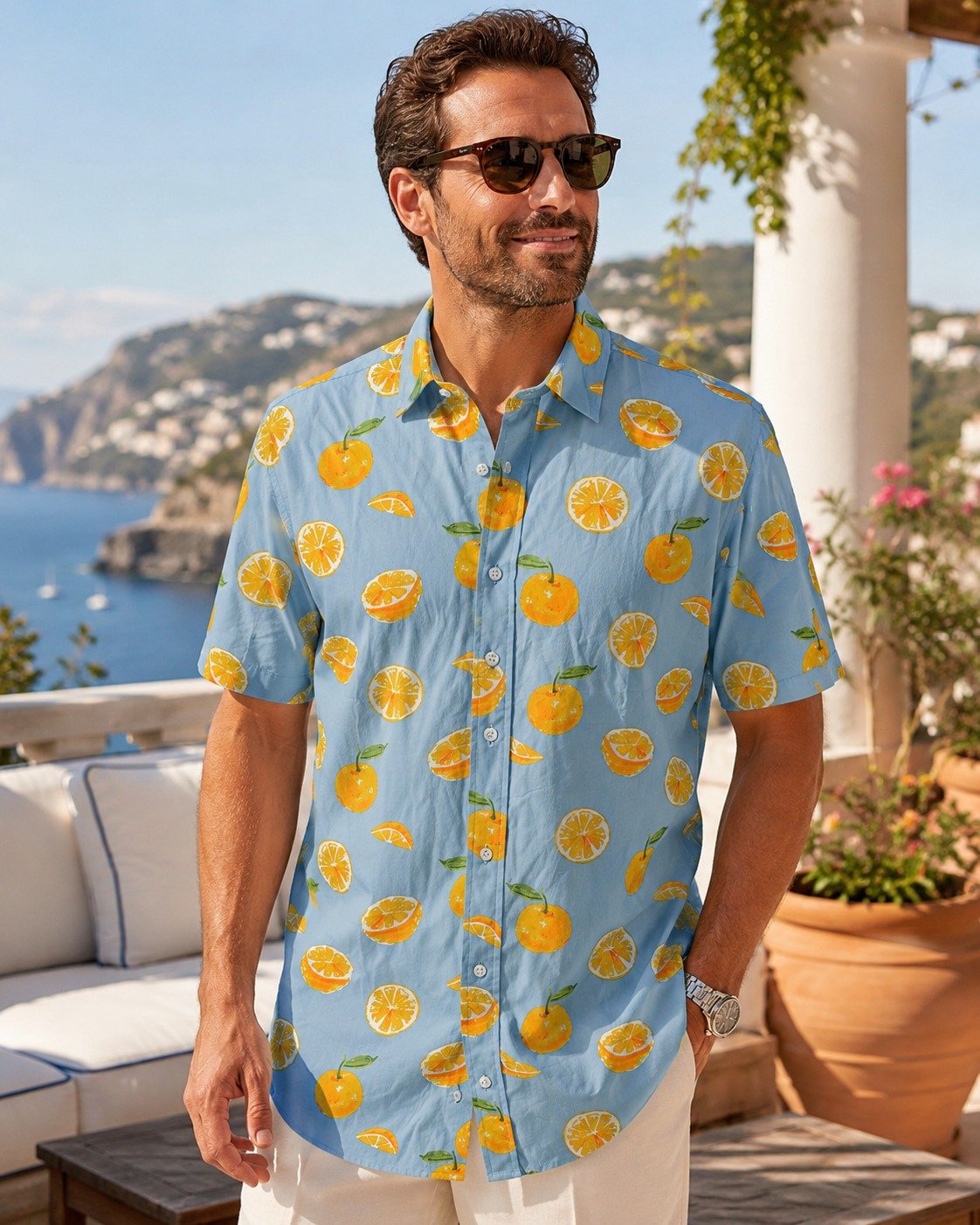 ST-Guayabera Cotton&Co Azul Claro Estampado Orange - Imagen 2