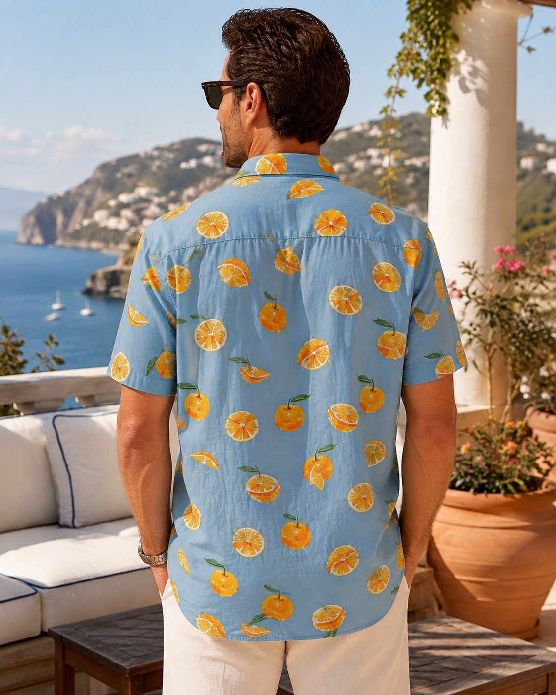 ST-Guayabera Cotton&Co Azul Claro Estampado Orange - Imagen 3