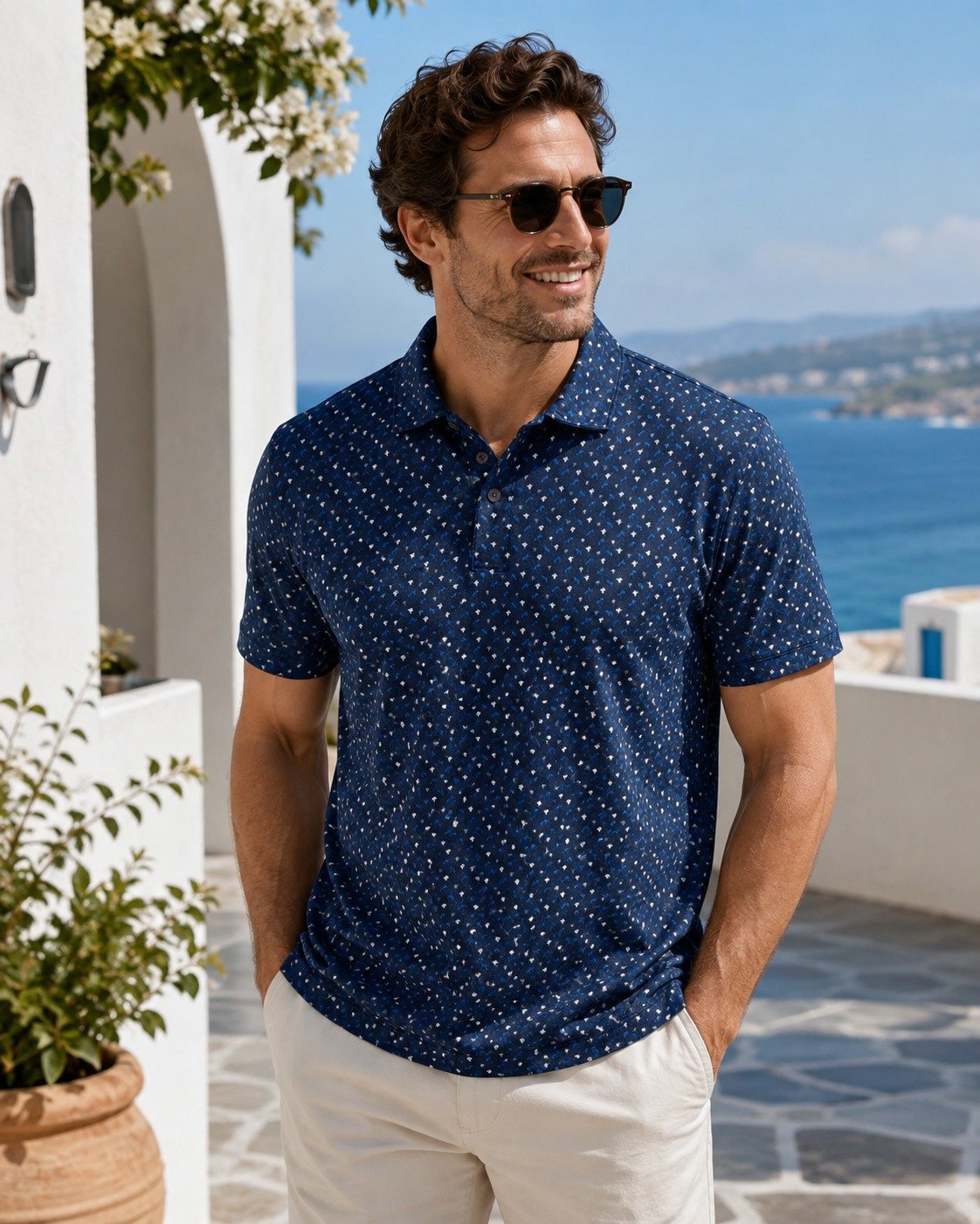 ST-Playera Cotton&Co Azul Marino Estampado Micro Palmas 2colores - Imagen 2